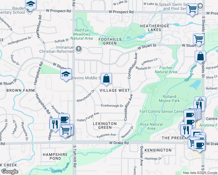map of restaurants, bars, coffee shops, grocery stores, and more near 1806 Essex Drive in Fort Collins