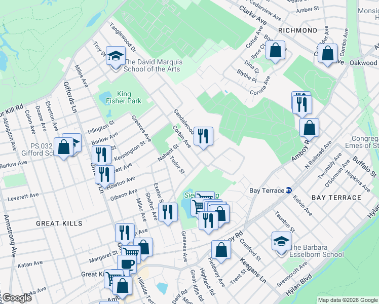 map of restaurants, bars, coffee shops, grocery stores, and more near 116 Corbin Avenue in Staten Island