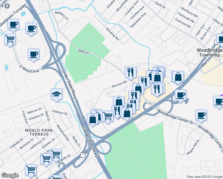 map of restaurants, bars, coffee shops, grocery stores, and more near 1009 Woodbridge Commons Way in Woodbridge Township