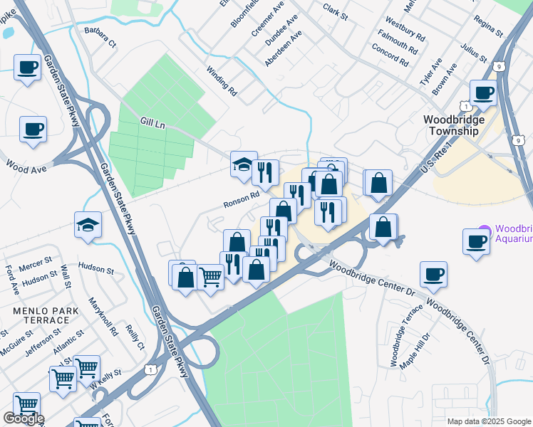 map of restaurants, bars, coffee shops, grocery stores, and more near 101 Woodbridge Commons Way in Woodbridge Township
