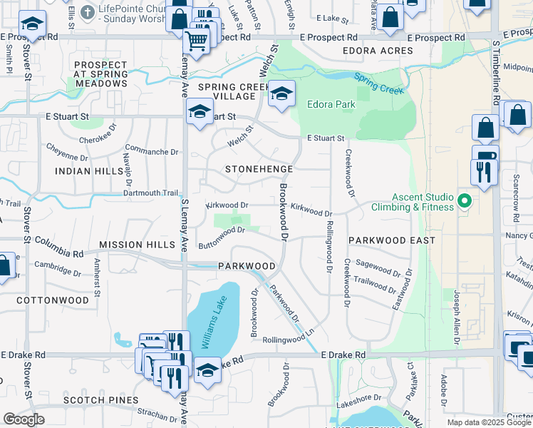 map of restaurants, bars, coffee shops, grocery stores, and more near 1315 Kirkwood Drive in Fort Collins