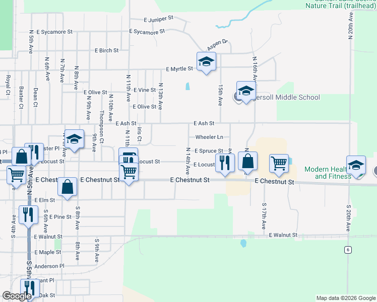 map of restaurants, bars, coffee shops, grocery stores, and more near 277 N 14th Ave in Canton