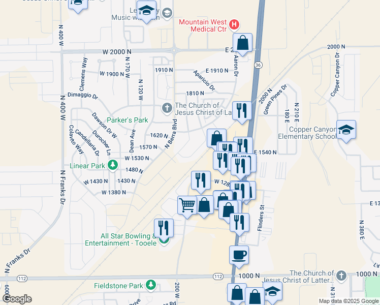 map of restaurants, bars, coffee shops, grocery stores, and more near 47 Broxburn Way in Tooele