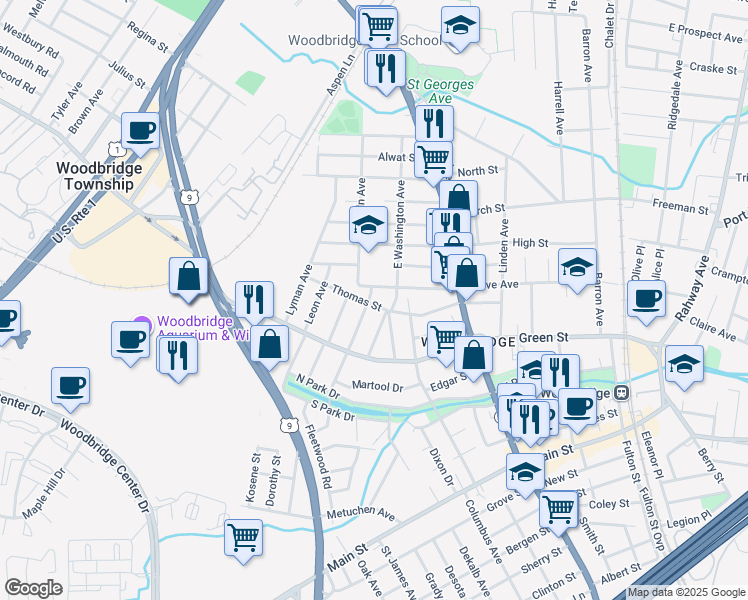 map of restaurants, bars, coffee shops, grocery stores, and more near 526 Gorham Avenue in Woodbridge Township