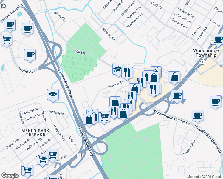 map of restaurants, bars, coffee shops, grocery stores, and more near 1009 Woodbridge Commons Way in Woodbridge Township