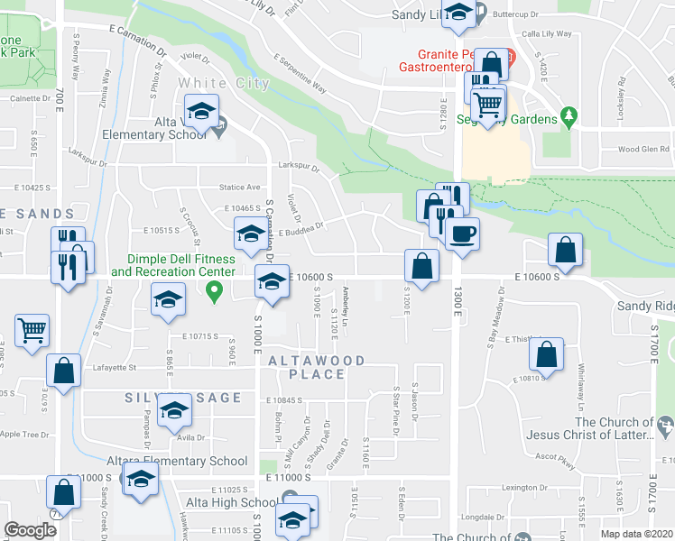 map of restaurants, bars, coffee shops, grocery stores, and more near 1119 East 10600 South in Sandy