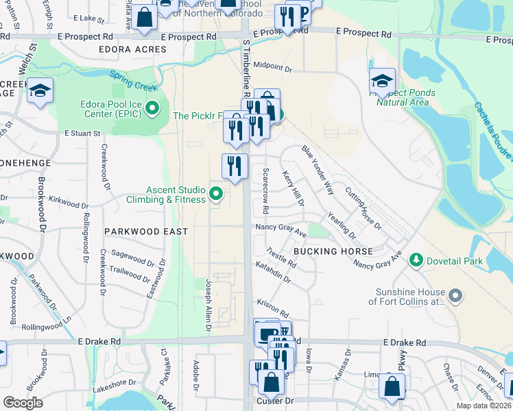 map of restaurants, bars, coffee shops, grocery stores, and more near 2102 Nancy Gray Avenue in Fort Collins