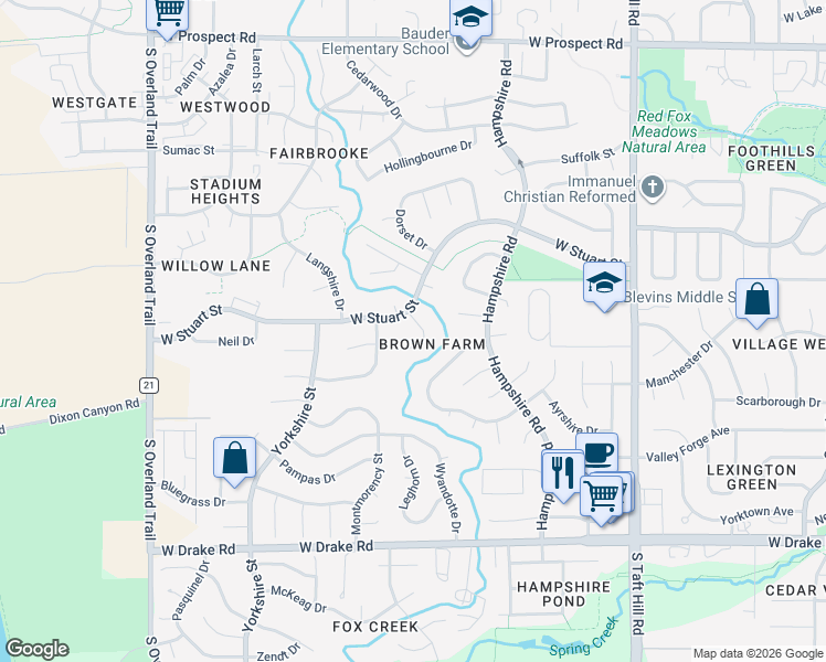 map of restaurants, bars, coffee shops, grocery stores, and more near 2130 Ryeland Lane in Fort Collins