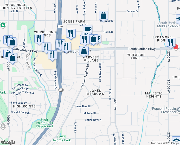 map of restaurants, bars, coffee shops, grocery stores, and more near 3362 Cache Circle in South Jordan