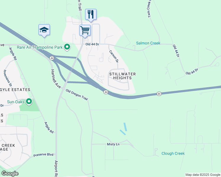 map of restaurants, bars, coffee shops, grocery stores, and more near California 44 in Redding