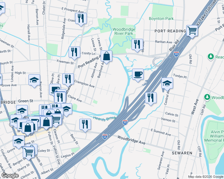 map of restaurants, bars, coffee shops, grocery stores, and more near 114 Crampton Avenue in Woodbridge Township