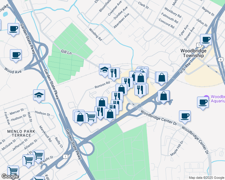 map of restaurants, bars, coffee shops, grocery stores, and more near 101 Woodbridge Commons Way in Woodbridge Township