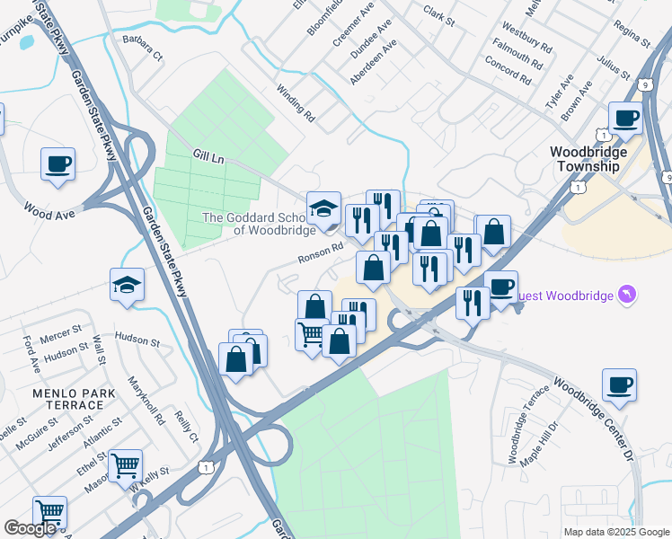 map of restaurants, bars, coffee shops, grocery stores, and more near 2006 Woodbridge Commons Way in Woodbridge Township