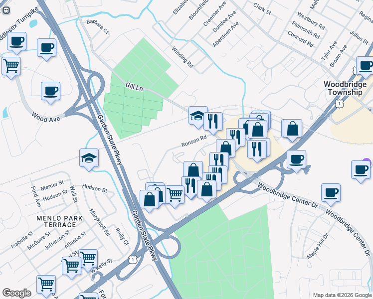 map of restaurants, bars, coffee shops, grocery stores, and more near 1009 Woodbridge Commons Way in Woodbridge Township
