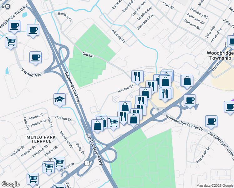 map of restaurants, bars, coffee shops, grocery stores, and more near 1009 Woodbridge Commons Way in Woodbridge Township