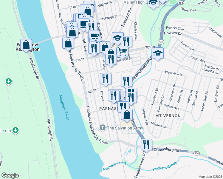 map of restaurants, bars, coffee shops, grocery stores, and more near 449 6th Avenue in New Kensington