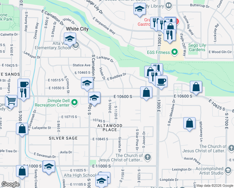 map of restaurants, bars, coffee shops, grocery stores, and more near 1119 East 10600 South in Sandy