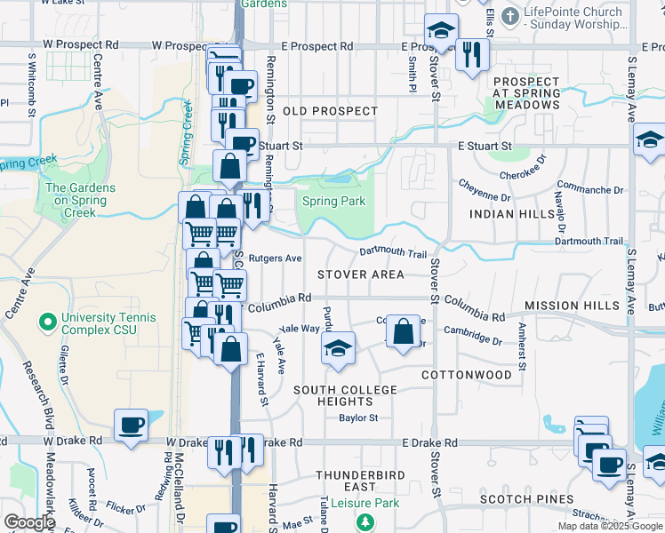 map of restaurants, bars, coffee shops, grocery stores, and more near 2212 Purdue Road in Fort Collins