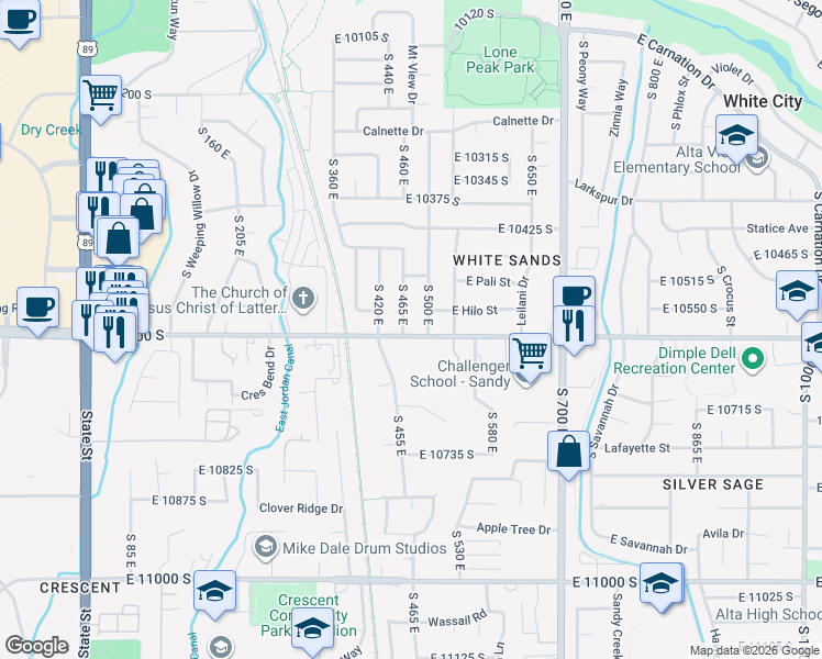 map of restaurants, bars, coffee shops, grocery stores, and more near 474 East 10600 South in Sandy