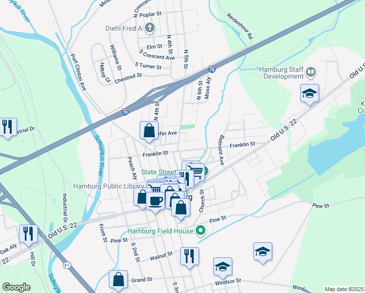 map of restaurants, bars, coffee shops, grocery stores, and more near 531 Franklin Street in Hamburg