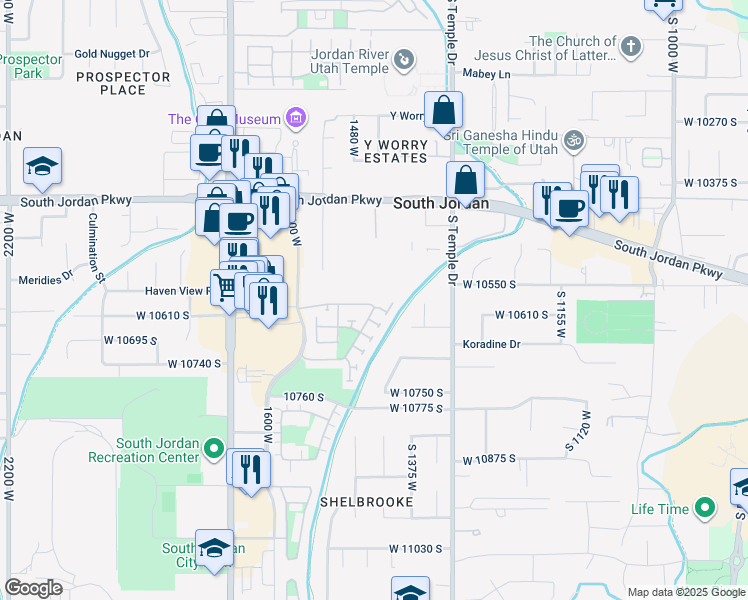 map of restaurants, bars, coffee shops, grocery stores, and more near 1412 Pinyon Pines Way in South Jordan