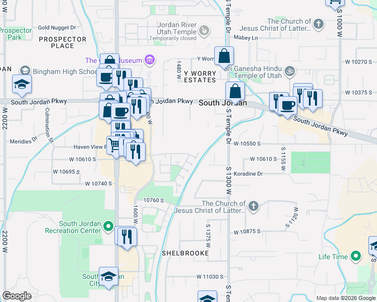 map of restaurants, bars, coffee shops, grocery stores, and more near 1412 Pinyon Pines Way in South Jordan