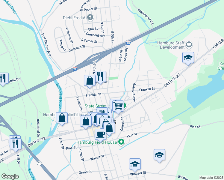 map of restaurants, bars, coffee shops, grocery stores, and more near 539 Franklin Street in Hamburg