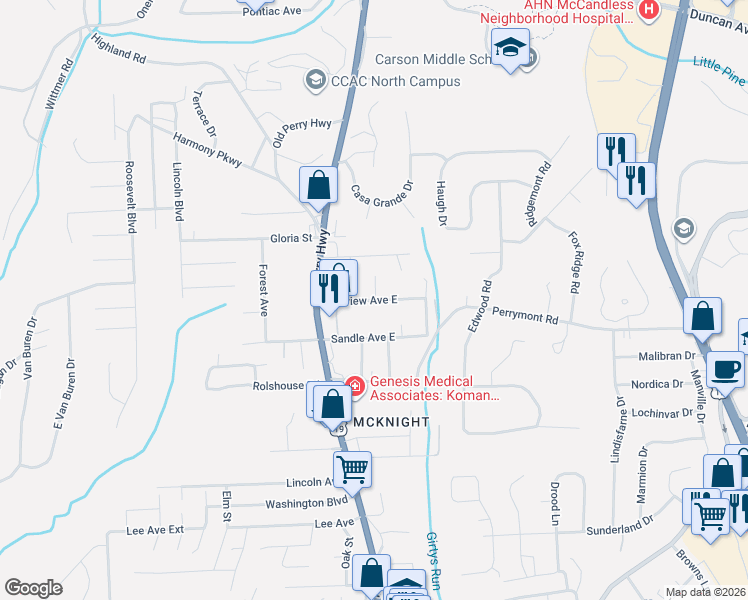map of restaurants, bars, coffee shops, grocery stores, and more near 196 Fairview Avenue East in Pittsburgh