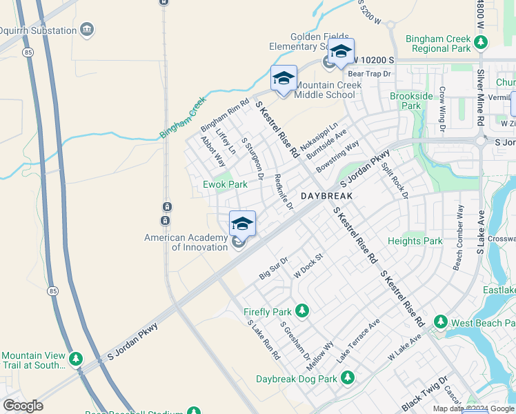 map of restaurants, bars, coffee shops, grocery stores, and more near 10582 South Sturgeon Drive in South Jordan