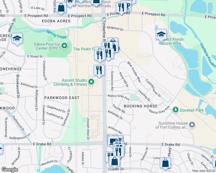 map of restaurants, bars, coffee shops, grocery stores, and more near 2102 Nancy Gray Avenue in Fort Collins