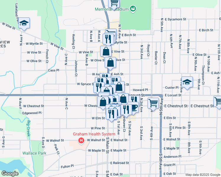 map of restaurants, bars, coffee shops, grocery stores, and more near 245 North Main Street in Canton