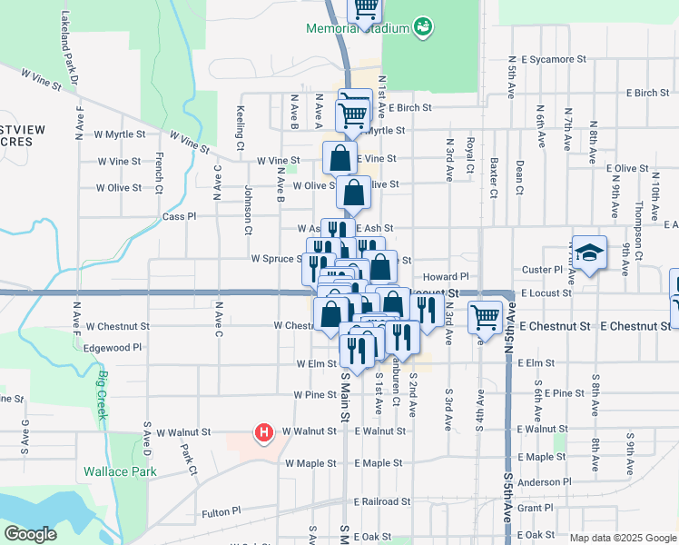 map of restaurants, bars, coffee shops, grocery stores, and more near 65 West Locust Street in Canton