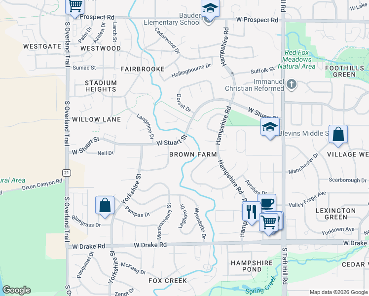map of restaurants, bars, coffee shops, grocery stores, and more near 2130 Ryeland Lane in Fort Collins