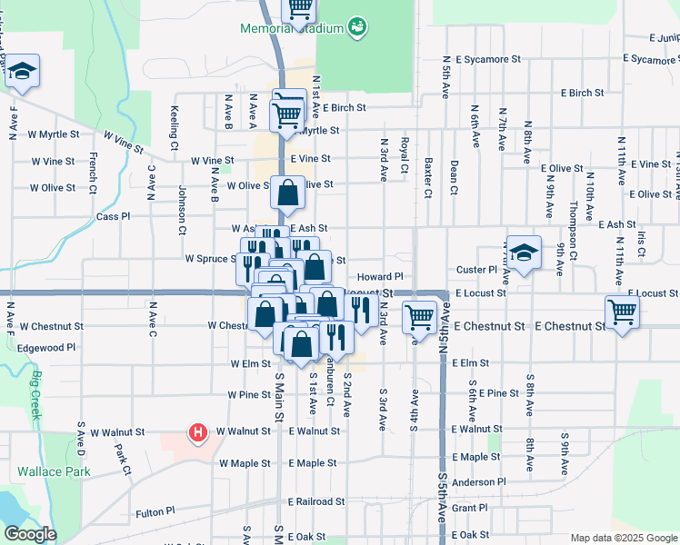 map of restaurants, bars, coffee shops, grocery stores, and more near 101-199 E Locust St in Canton
