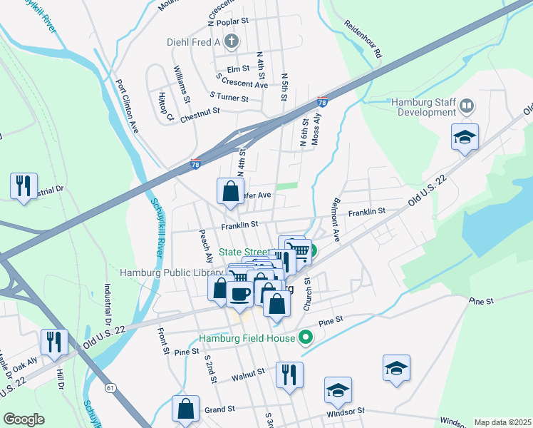 map of restaurants, bars, coffee shops, grocery stores, and more near 507 Franklin Street in Hamburg