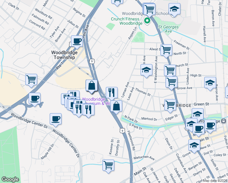 map of restaurants, bars, coffee shops, grocery stores, and more near 374 Green Street in Woodbridge Township