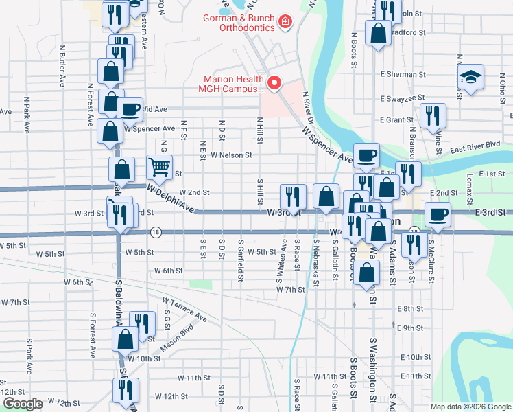 map of restaurants, bars, coffee shops, grocery stores, and more near 619 W 3rd St in Marion
