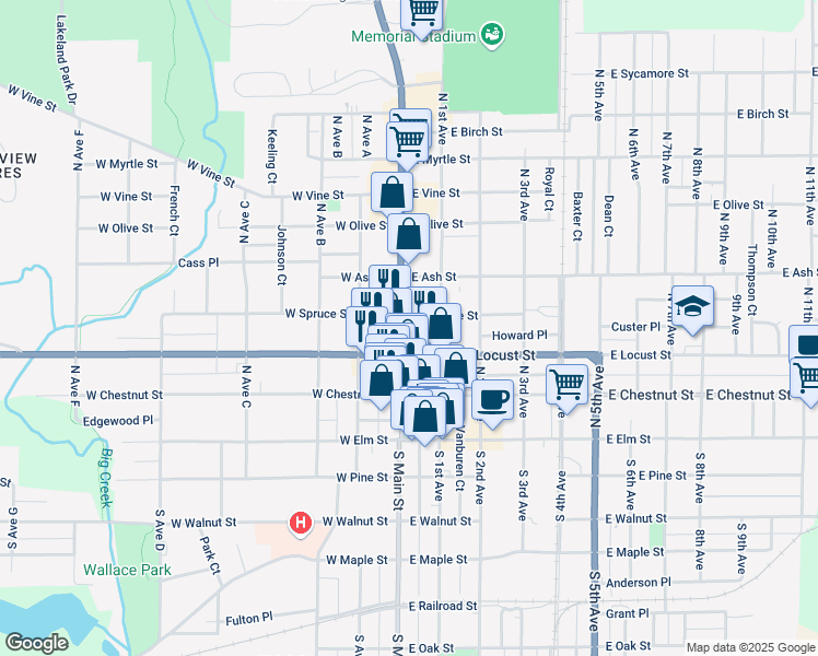 map of restaurants, bars, coffee shops, grocery stores, and more near 245 North Main Street in Canton