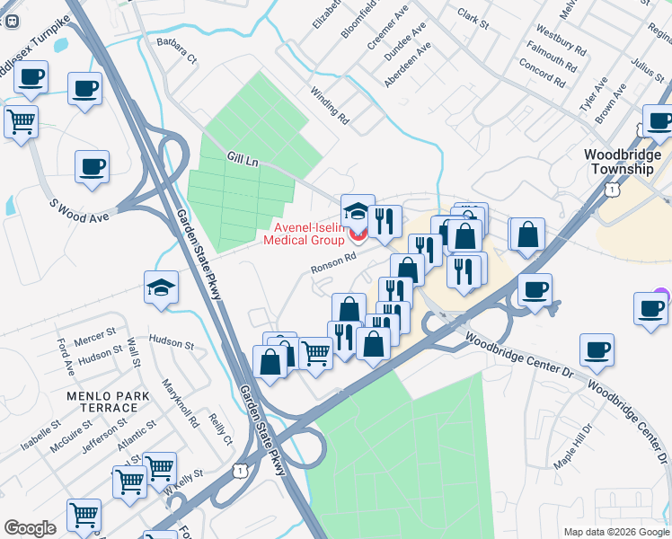map of restaurants, bars, coffee shops, grocery stores, and more near 806 Woodbridge Commons Way in Woodbridge Township