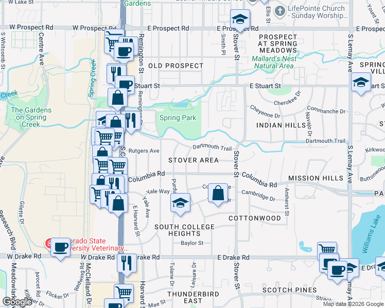 map of restaurants, bars, coffee shops, grocery stores, and more near 409 Duke Lane in Fort Collins