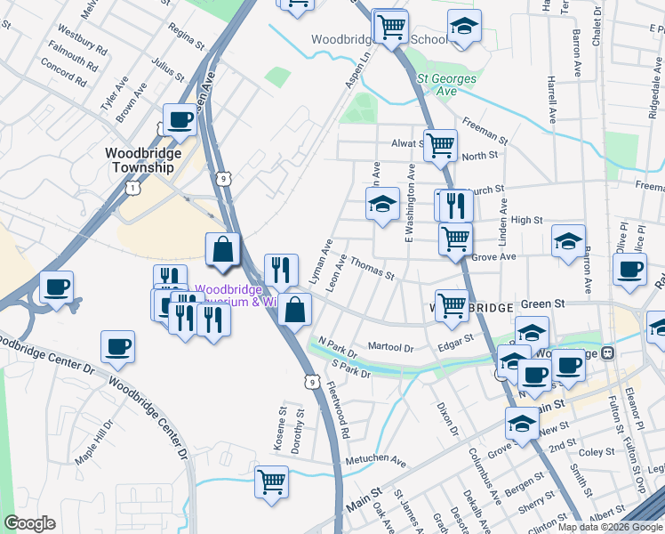 map of restaurants, bars, coffee shops, grocery stores, and more near 500 Lyman Avenue in Woodbridge Township