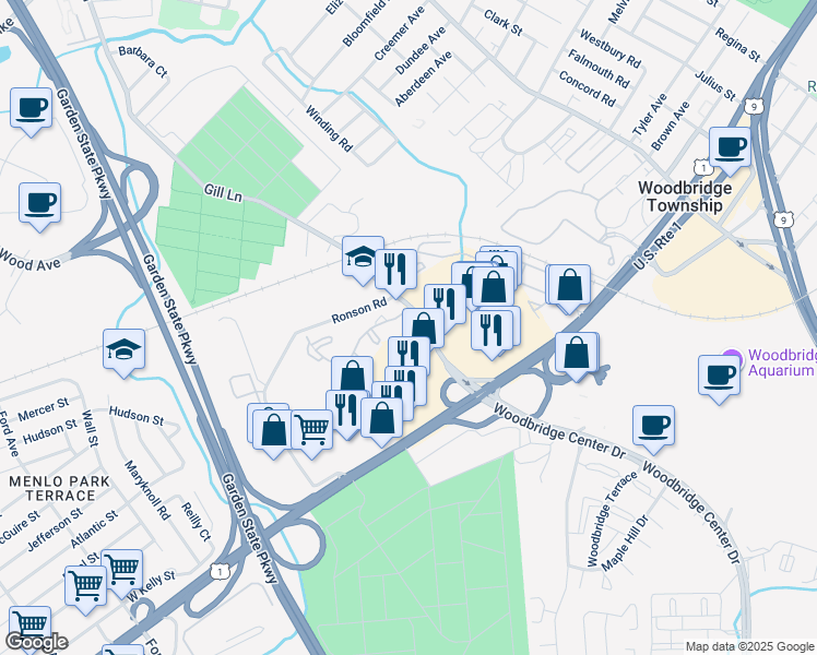 map of restaurants, bars, coffee shops, grocery stores, and more near 101 Woodbridge Commons Way in Woodbridge Township