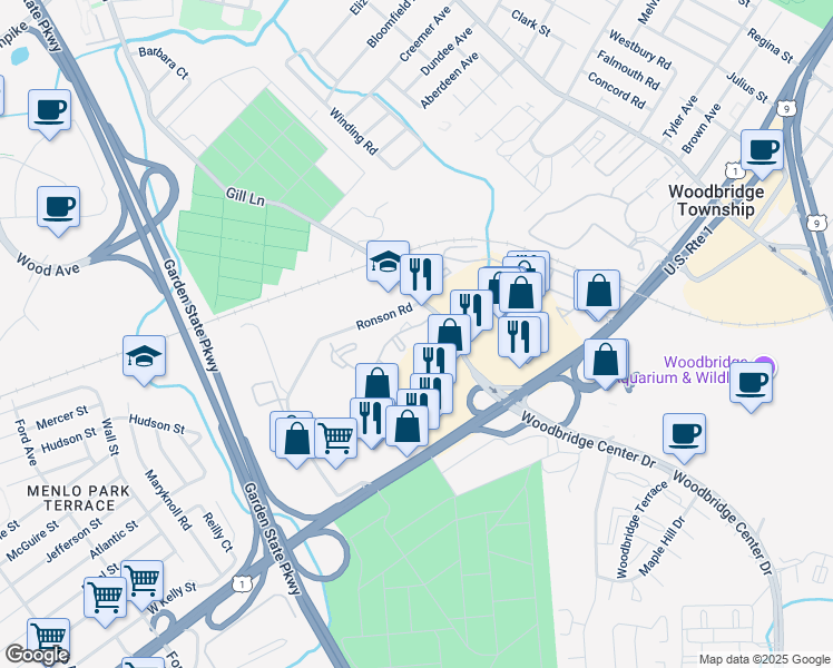 map of restaurants, bars, coffee shops, grocery stores, and more near 101 Woodbridge Commons Way in Woodbridge Township