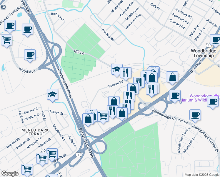 map of restaurants, bars, coffee shops, grocery stores, and more near 1009 Woodbridge Commons Way in Woodbridge Township