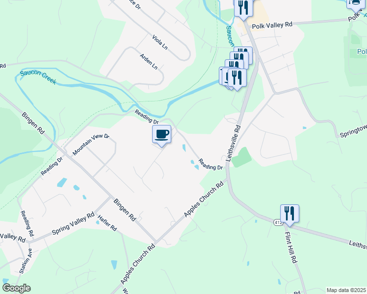 map of restaurants, bars, coffee shops, grocery stores, and more near 1900 Reading Drive in Bethlehem
