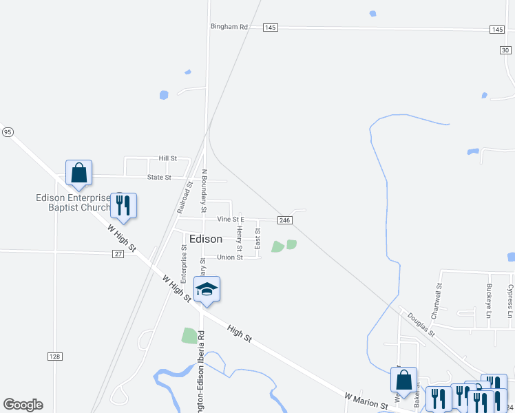 map of restaurants, bars, coffee shops, grocery stores, and more near 4043 Township Road 246 in Edison