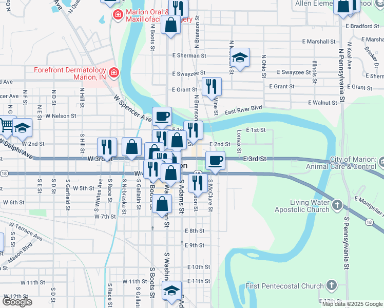 map of restaurants, bars, coffee shops, grocery stores, and more near 307 South Adams Street in Marion