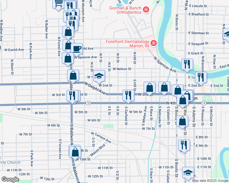 map of restaurants, bars, coffee shops, grocery stores, and more near 901 West 3rd Street in Marion