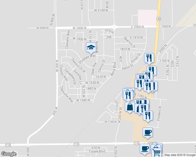 map of restaurants, bars, coffee shops, grocery stores, and more near 117 1570 North in Tooele