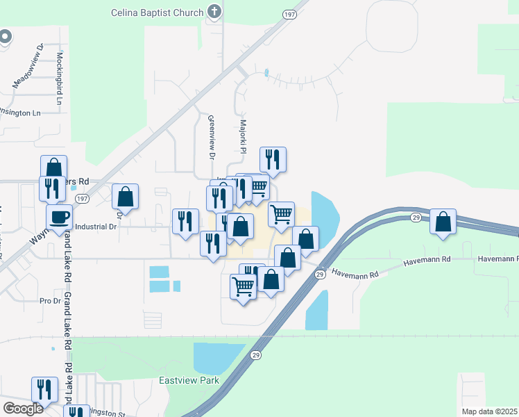map of restaurants, bars, coffee shops, grocery stores, and more near 1955 Havemann Road in Celina